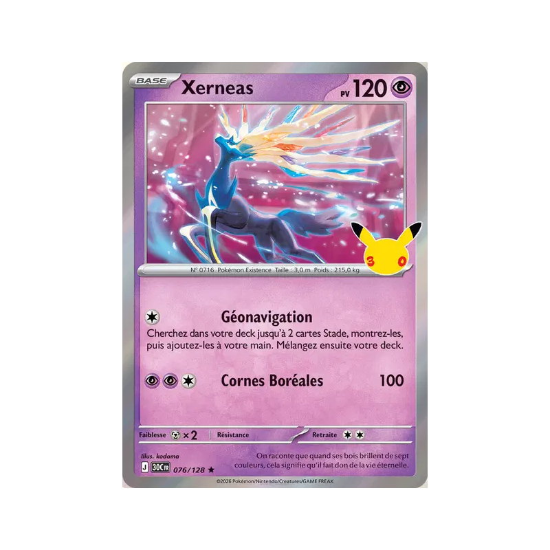 Carte Pokémon Xerneas 076/128 Rare 30ᵉ Anniversaire