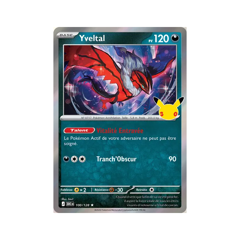 Carte Pokémon Yveltal 100/128 Rare 30ᵉ Anniversaire