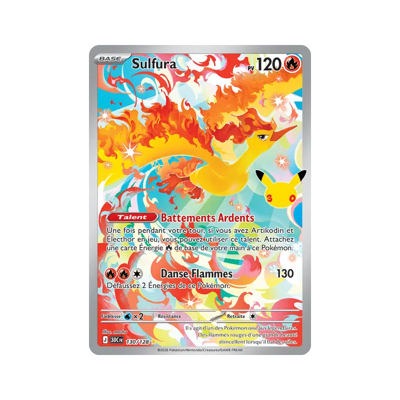 Carte Pokémon Sulfura 130/128 Illustration Rare 30ᵉ Anniversaire