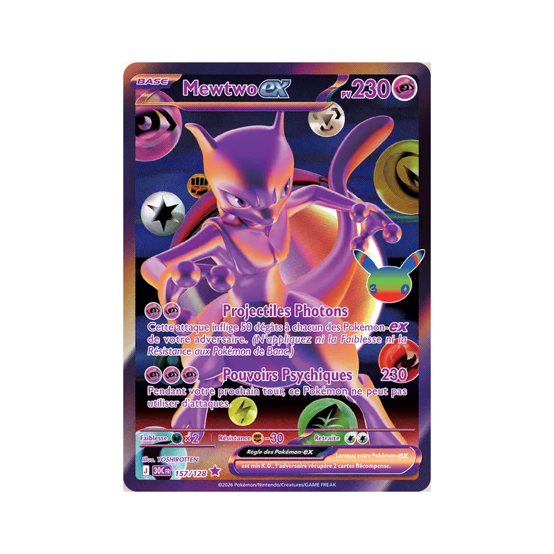 Carte Pokémon Mewtwo ex 157/128 Futuriste Rare 30ᵉ Anniversaire