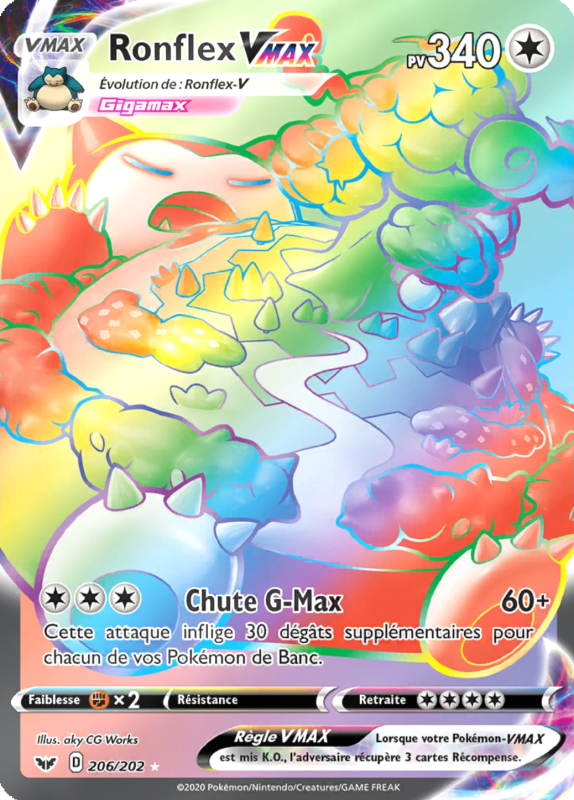 Carte Pokémon Ronflex-VMAX 206/202 Rainbow Épée et Bouclier (JCC)