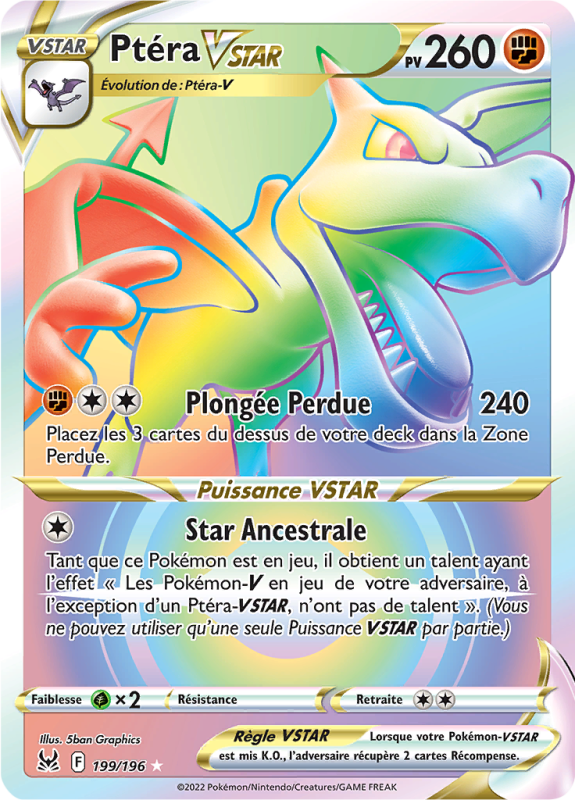 Carte Pokémon Ptéra-VSTAR 199/196 Rainbow Origine Perdue