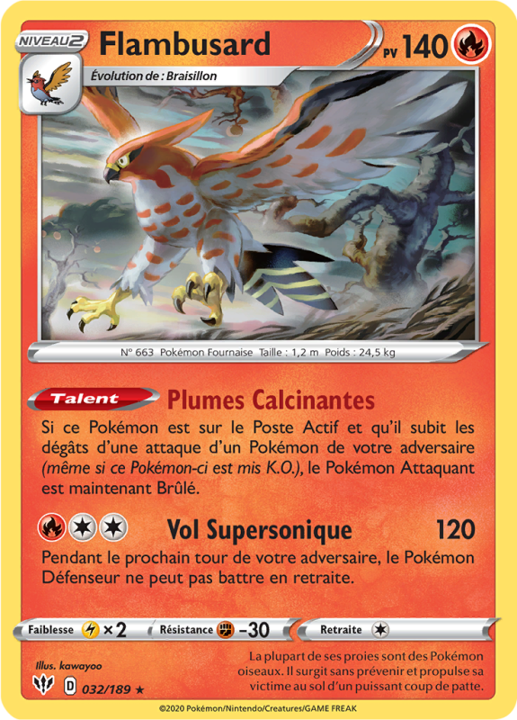 Carte Pokémon Flambusard 032/189 Rare Ténèbres Embrasées
