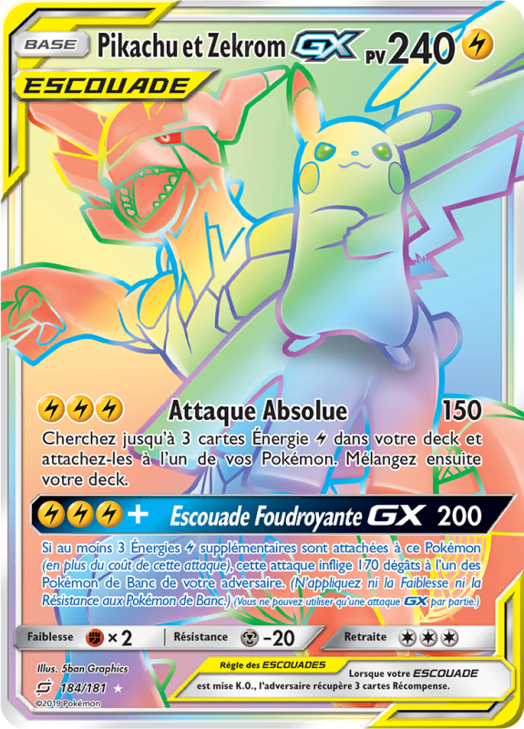 Carte Pokémon Pikachu et Zekrom-GX 184/181 Rainbow Duo de Choc