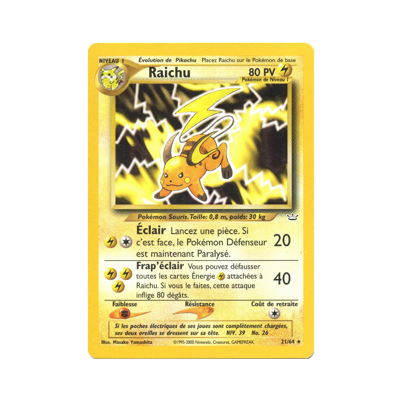 Carte Pokémon Raichu 21/64 Rare Neo Revelation
