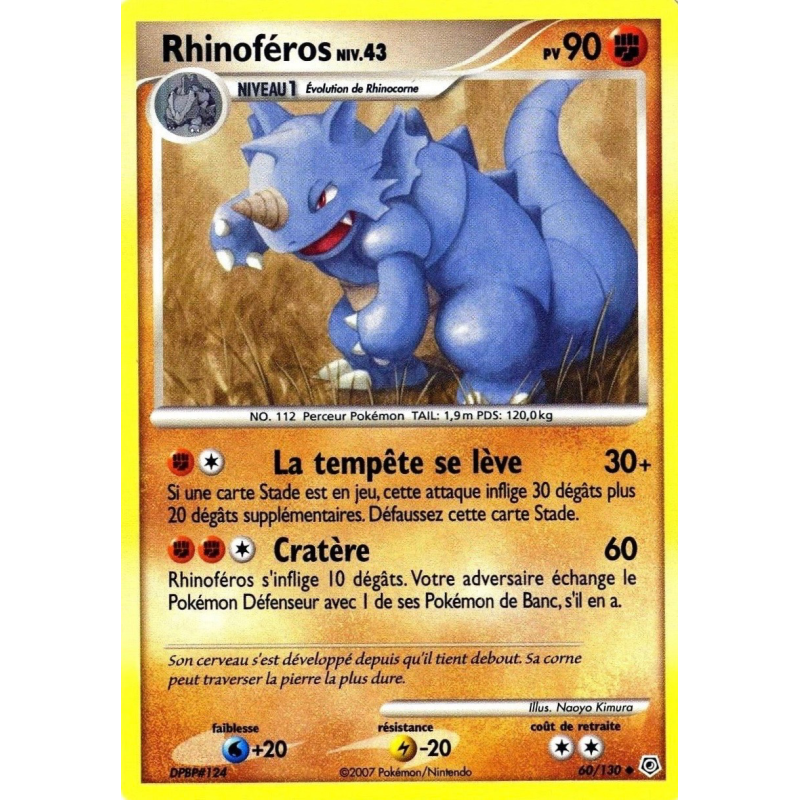 Carte Pokémon Rhinoféros 60/130 Peu commune Diamant & Perle (JCC)